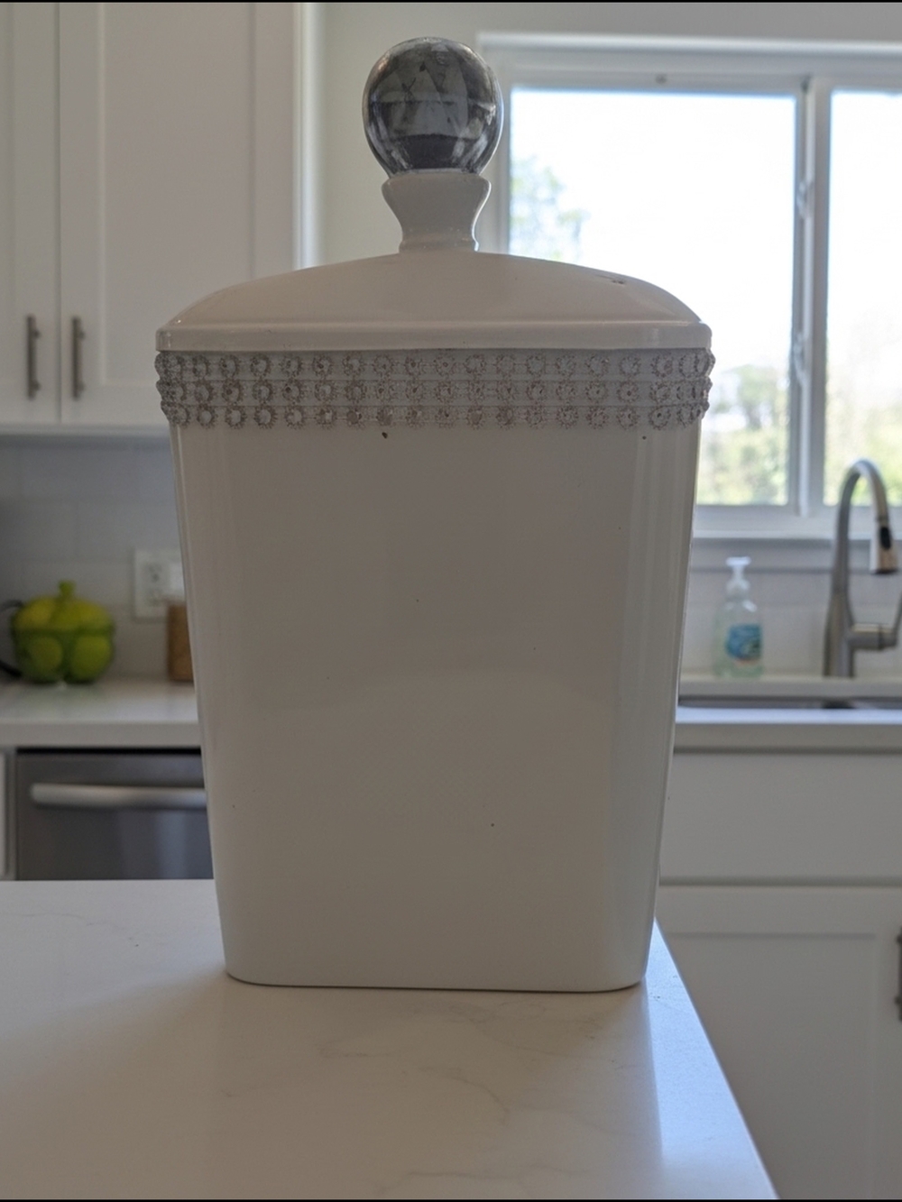 THK White Decorative Canister with Crystal Knob And Rhinestone Trim. 6.5 Inches